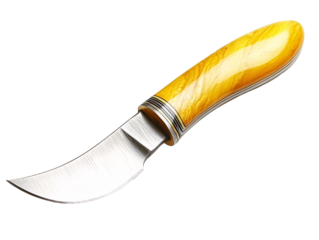 a knife with a yellow handle