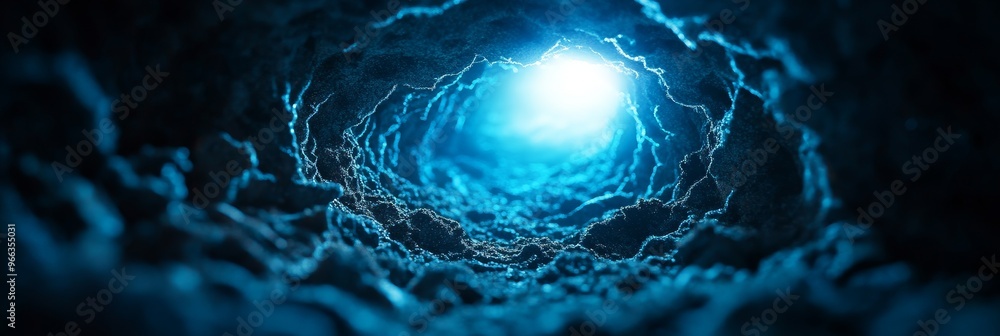 Poster a captivating image depicting a blue tunnel, its walls seemingly carved from a mysterious material, 