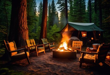 campfire setup featuring glowing camping cozy natural surroundings perfect outdoor experience, lantern, gear, seating, nature, light, firewood, tent