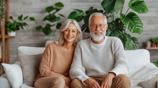 senior couple embracing in cozy home environment, warmth and comfort, happy retirement lifestyle