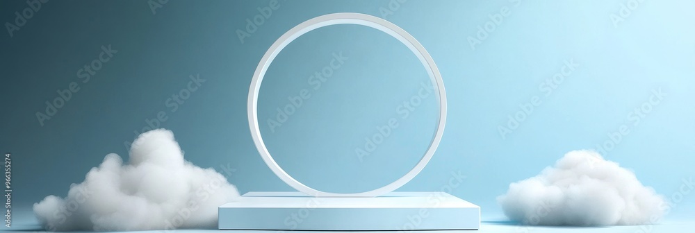 Poster a clean and modern product display featuring a white circular podium with a surrounding frame and cl