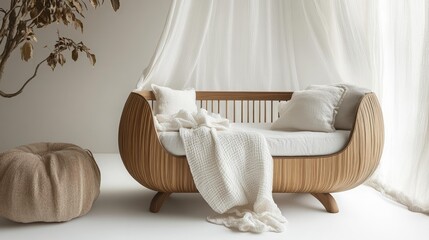 Minimalist Wooden Cradle with White Bedding Generative AI