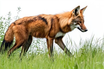 Fototapeta premium maned wolf navigates through lush, tall grass, its long legs accentuating its unique physique while its vibrant reddish coat stands out against a clean white background.