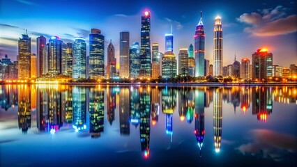 Stunning City Skyline at Night Showcasing Glowing Lights and Reflections for Urban Photography Projects