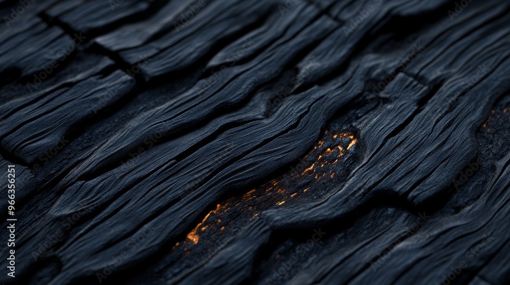 Poster a close-up shot of a dark, charred wood surface with a textured grain pattern. the wood has been bur
