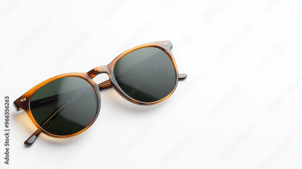 Sticker a close-up shot of a pair of tortoise shell sunglasses with green lenses on a white background. the 