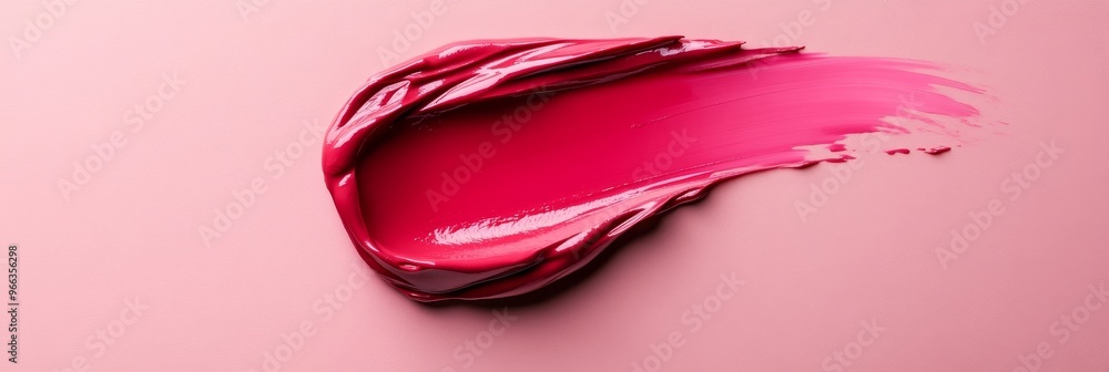 Poster a close-up shot of a single swirl of bold pink lipstick on a soft pastel pink background. the vibran