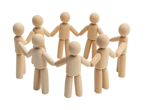 a group of wooden people holding hands