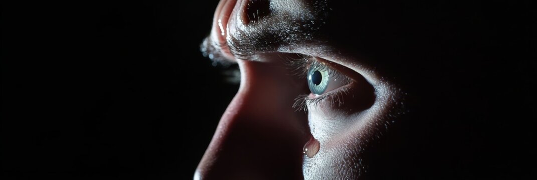 A close-up shot of a man's eye with a single tear rolling down his cheek, capturing the raw emotion of deep sadness and sorrow.  The image symbolizes vulnerability, heartache, and the weight of emotio