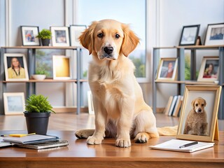 Adorable golden retriever puppy sitting on cluttered office desk surrounded by scattered papers, folders, and framed family photos, looking curious and playful.