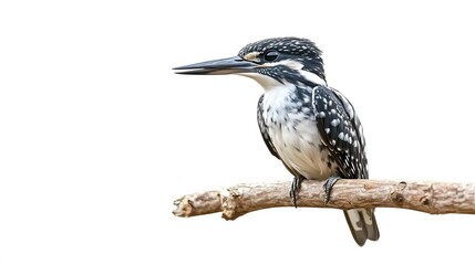Obraz premium Pied Kingfisher Bird Sitting on a Branch with White Background, Realistic Photo, Wallpaper, Cover and Screen for Smartphone, PC, Laptop, 9:16 and 16:9 Format