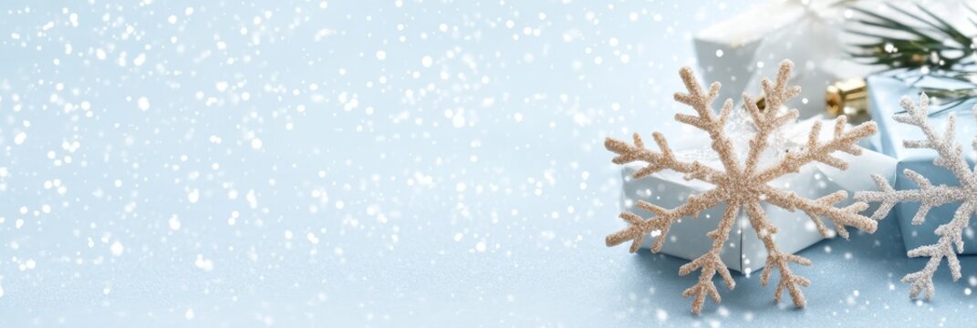A delicate snowflake ornament rests atop a white gift box, creating a serene winter scene.  The soft blue background evokes a sense of peace and tranquility, while the sparkling snow adds a touch of m