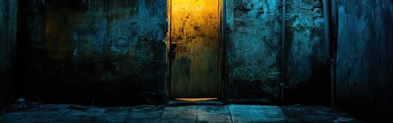 A dimly lit doorway in a worn, textured wall, evoking mystery and intrigue.