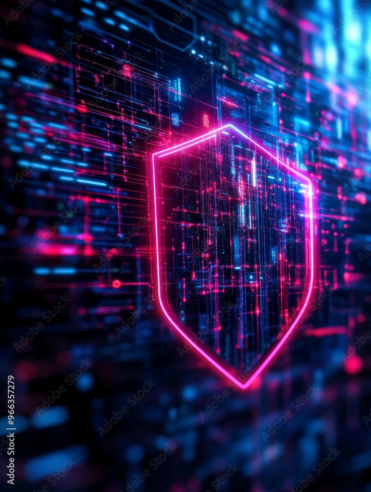 Poster a digital shield composed of glowing neon lines, representing data protection and cybersecurity in a