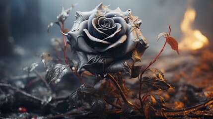 Black rose wrapped in black smoke on dark background.
