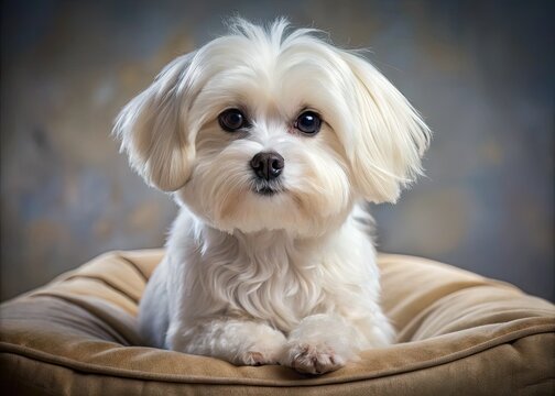 Adorable Maltese dog with silky white fur and dark eyes, sitting on a plush pillow, gazing curiously at the camera with an endearing expression.