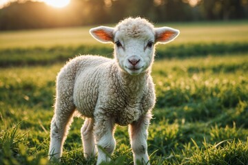 Fototapeta premium adorable baby lamb exploring the lush green fields
