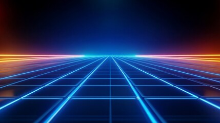 A futuristic and nostalgic grid background with glowing neon blue and orange lines, symbolizing retro technology, digital landscapes, synthwave aesthetics, and the 80s era.