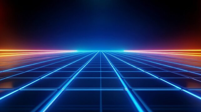A futuristic and nostalgic grid background with glowing neon blue and orange lines, symbolizing retro technology, digital landscapes, synthwave aesthetics, and the 80s era.