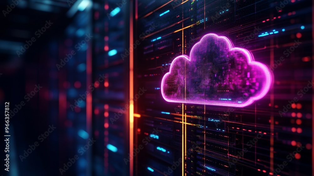 Poster a futuristic cloud storage concept with a glowing neon cloud icon on a server rack, symbolizing digi