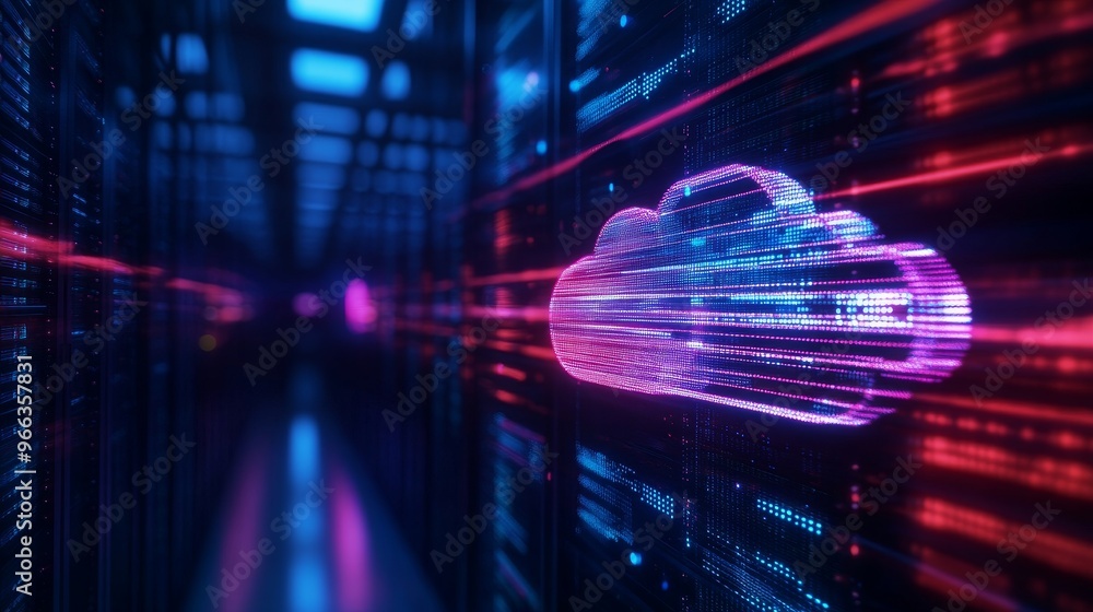 Poster a futuristic concept of cloud storage, showcasing a glowing neon cloud symbol against a backdrop of 