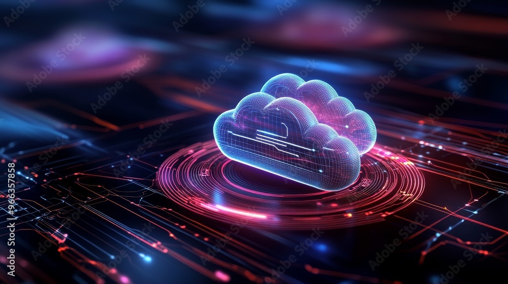 Poster a futuristic concept representing cloud computing with a digital grid, symbolizing data storage, con