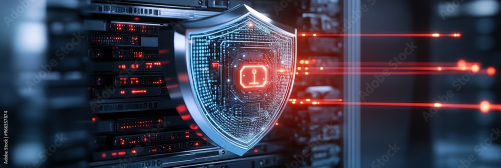 Poster a futuristic cybersecurity concept with a glowing shield protecting a data center. the shield symbol