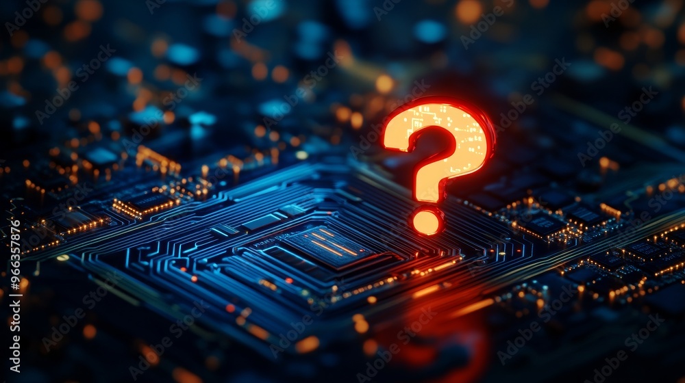 Poster a futuristic concept of cybersecurity represented by a glowing red question mark positioned on a cir