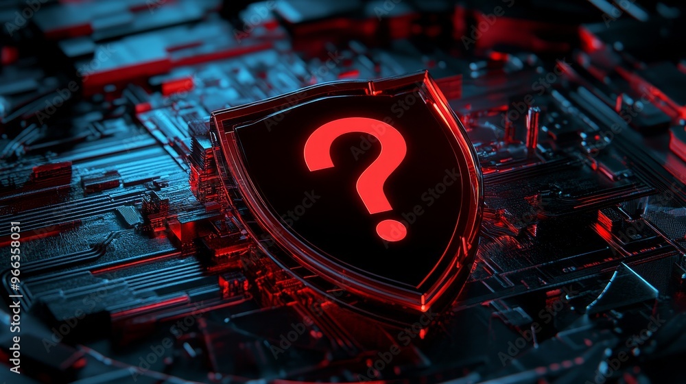 Poster a futuristic, glowing red shield with a question mark in the center, symbolizing the uncertainty and