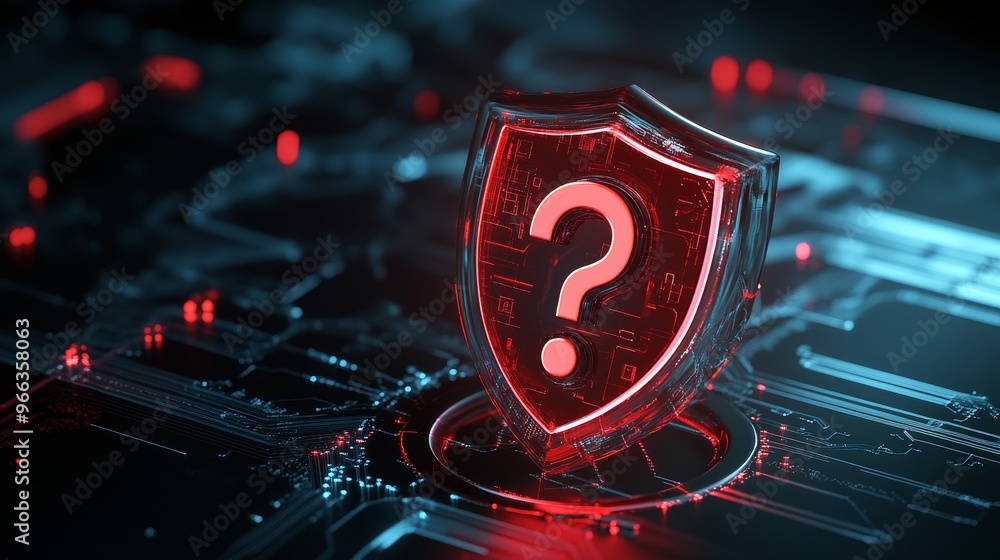 Poster a futuristic, transparent shield with a glowing red question mark on a circuit board background. thi
