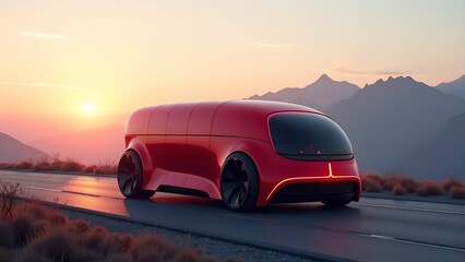 Obraz premium Futuristic Red Truck Concept on Mountain Road At Dusk, Autonomous Transport, Modern Technology, Advanced Design, Sci-Fi Landscape, Innovation in Transportation, Futuristic Machinery Illustration