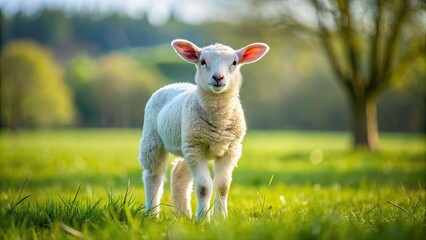Fototapeta premium Adorable Suffolk lamb with a fluffy white coat and endearing expression stands alone in a lush green meadow on a sunny spring day.