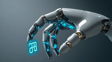 A futuristic image depicting a robotic hand delicately touching the number 2025 on a digital screen. This image symbolizes technological advancement, innovation, progress, automation, and the arrival 