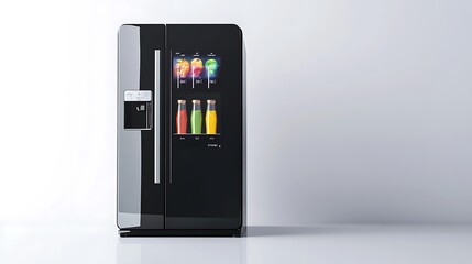 A stylish, high-tech smart refrigerator with a sleek, glass door and digital touch interface, positioned alone on a white background. 