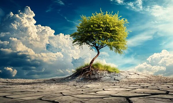 A lone tree stands tall amidst a cracked earth, a symbol of resilience and hope