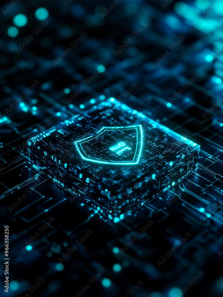 Poster a glowing blue cube with a digital shield and data visualization, symbolizing digital security, data