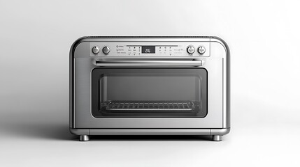 Fototapeta premium A stylish, high-tech toaster oven with a sleek, brushed metal finish and digital controls, set against a bright white backdrop. 