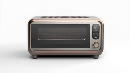 Fototapeta premium A high-tech toaster oven with a sleek, brushed metal finish and digital controls, set against a bright white backdrop. 