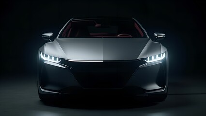 Modern, luxury car in grey with straight lines, strict design on a black background.