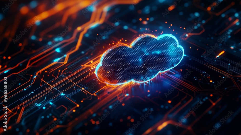Poster a holographic cloud symbol glows with vibrant colors, representing the future of cloud computing. th