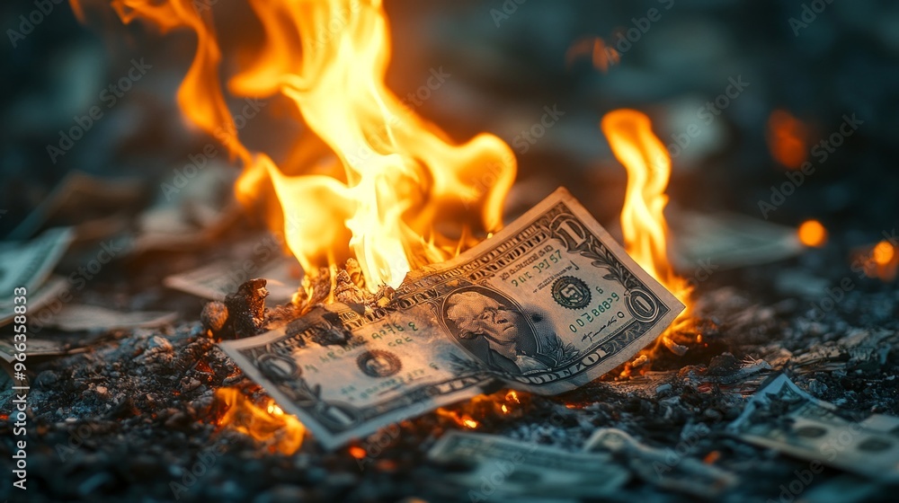 Wall mural A single dollar bill engulfed in flames creates a striking visual contrast. The scene captures the fragility of currency and the intensity of fire. 