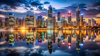 Obraz premium Stunning City Skyline at Night: A Glimpse of Urban Beauty with Glowing Lights and Reflections
