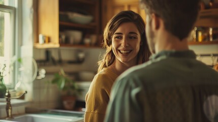 A joyful moment shared in a cozy kitchen. A woman smiles warmly, creating a feeling of happiness and connection in everyday life.