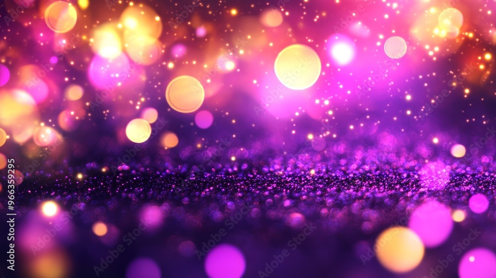 Poster a magical and festive background featuring a shimmering layer of purple and gold glitter with bokeh 