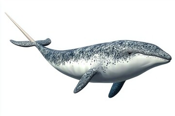 sleek narwhal swims gracefully, showcasing its distinctive long tusk as it moves through tranquil waters framed by a bright white background.