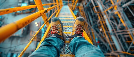 Work on high-altitude equipment. Fall arrest device for worker with safety belt hooks