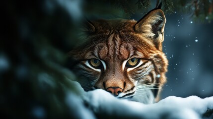 Naklejka premium A lynx peeks through a snowy branch, its piercing golden eyes and powerful gaze hinting at its predatory instincts. This captivating image captures the wild beauty and grace of this elusive feline, sy