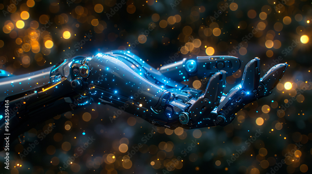 Poster close-up of a robotic hand with blurred bokeh lights, symbolizing advanced technology