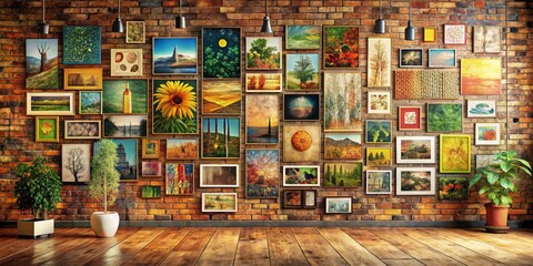 Fototapeta premium Brick Wall Gallery with Diverse Artworks, Interior Design, Home Decor, Gallery Wall, Wall Art