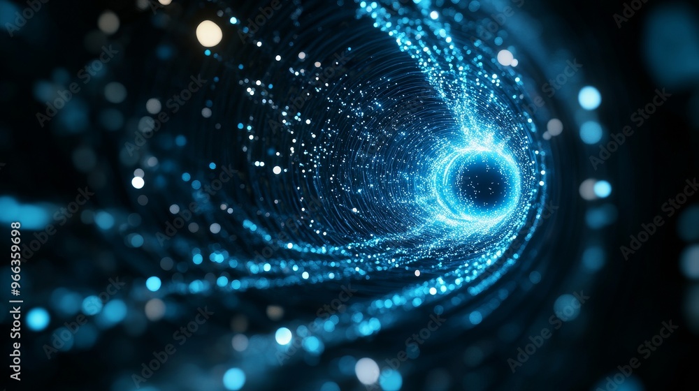 Poster a mesmerizing abstract image of a funnel-shaped tunnel composed of glowing particles, representing t